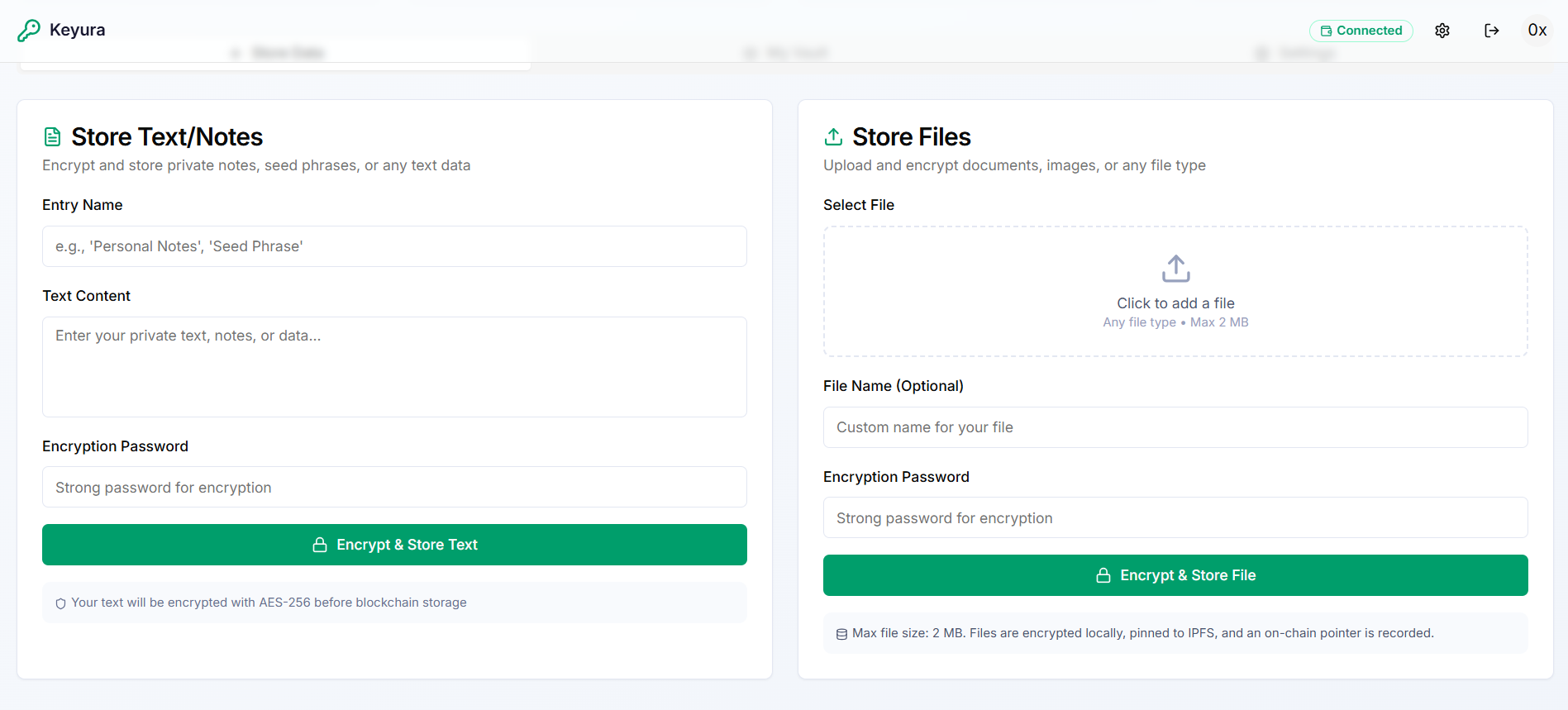 Storage Interface - Shows file and text storage fields after contract deployment